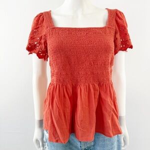 Madewell Orange Smocked Top Size S Back Button Up Casual Boho Summer Girly